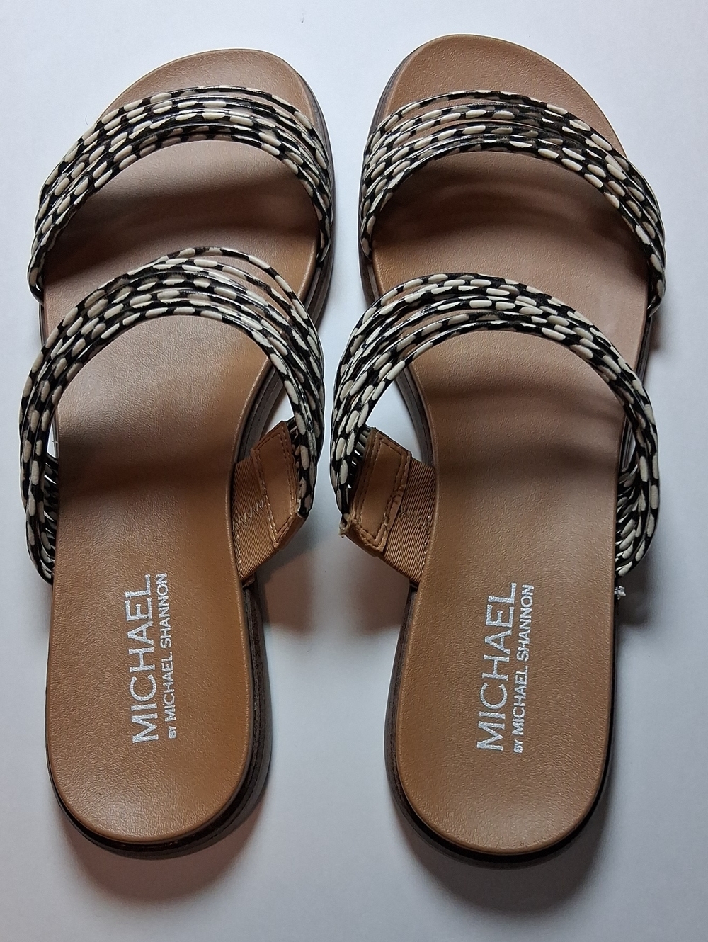 Michael Shannon Tan Slide Sandals with Black & Cream Woven Straps